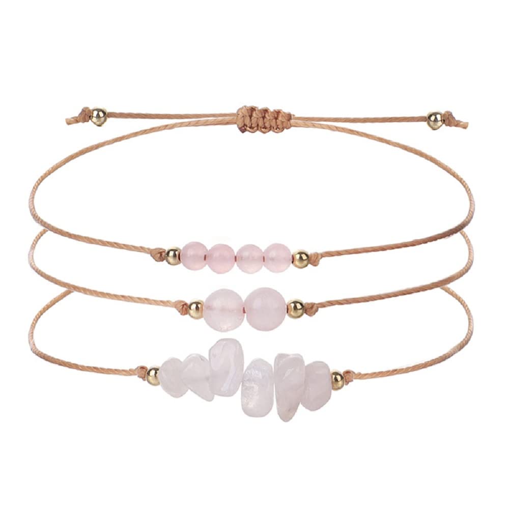 3Pcs Natural Stone Bracelet for Women Men Healing Crystal Chip Bead Bracelets Spiritual Amethyst Rose Quartz Chakra Bracelets Set Anxiety Reiki Energy Power Healing Crystals Jewelry - Rose Quartz