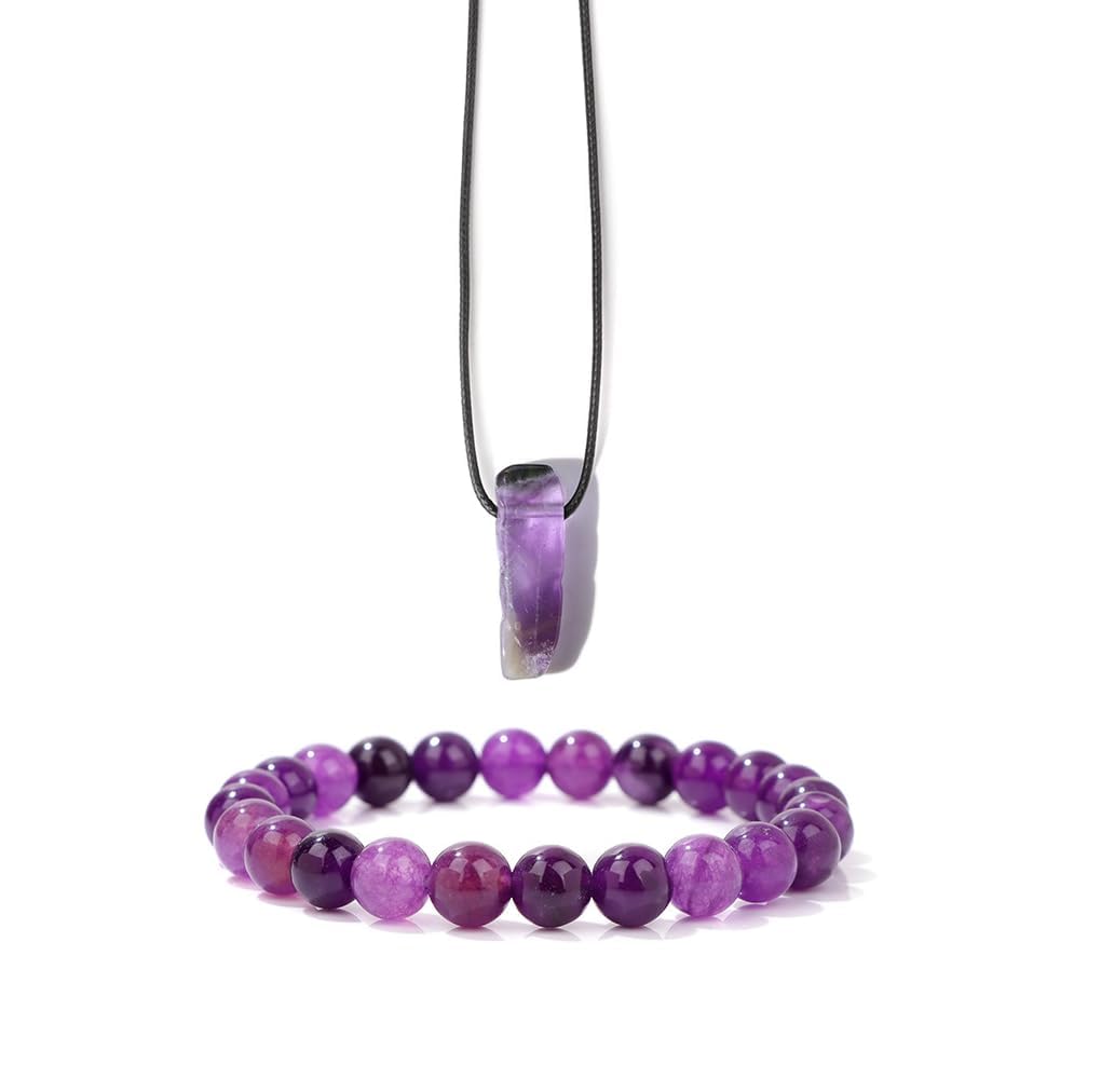 Pingyongchang Calming Yoga Bracelets Necklace Set, Crystal Stone Mantra Bracelets for Women, Natural Crystal Stone Birthday Gifts, Black Leather Necklace for Men-Amethyst