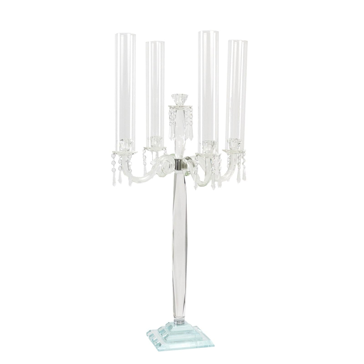 Efavormart Crystal 4-Arm Candelabra Taper Candle Holder with Hurricane Glass Shades – Table Centerpiece with Pedestal Base & Hanging Crystal Accents - 38" Tall
