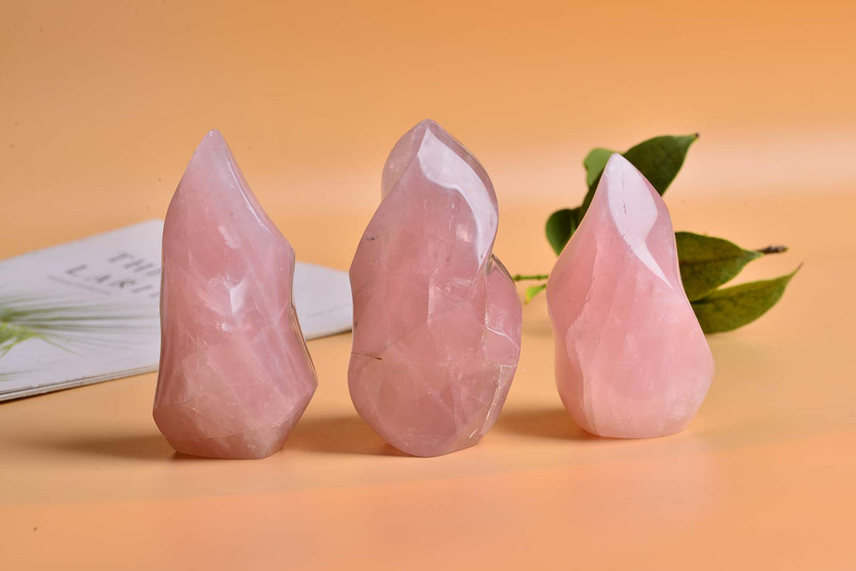AMOYSTONE Rose Quartz Healing Crystal Large Flame Shaped Tower Standing Rose Quartz Protection Crystals for Witchcraft 1.5-2.2LB