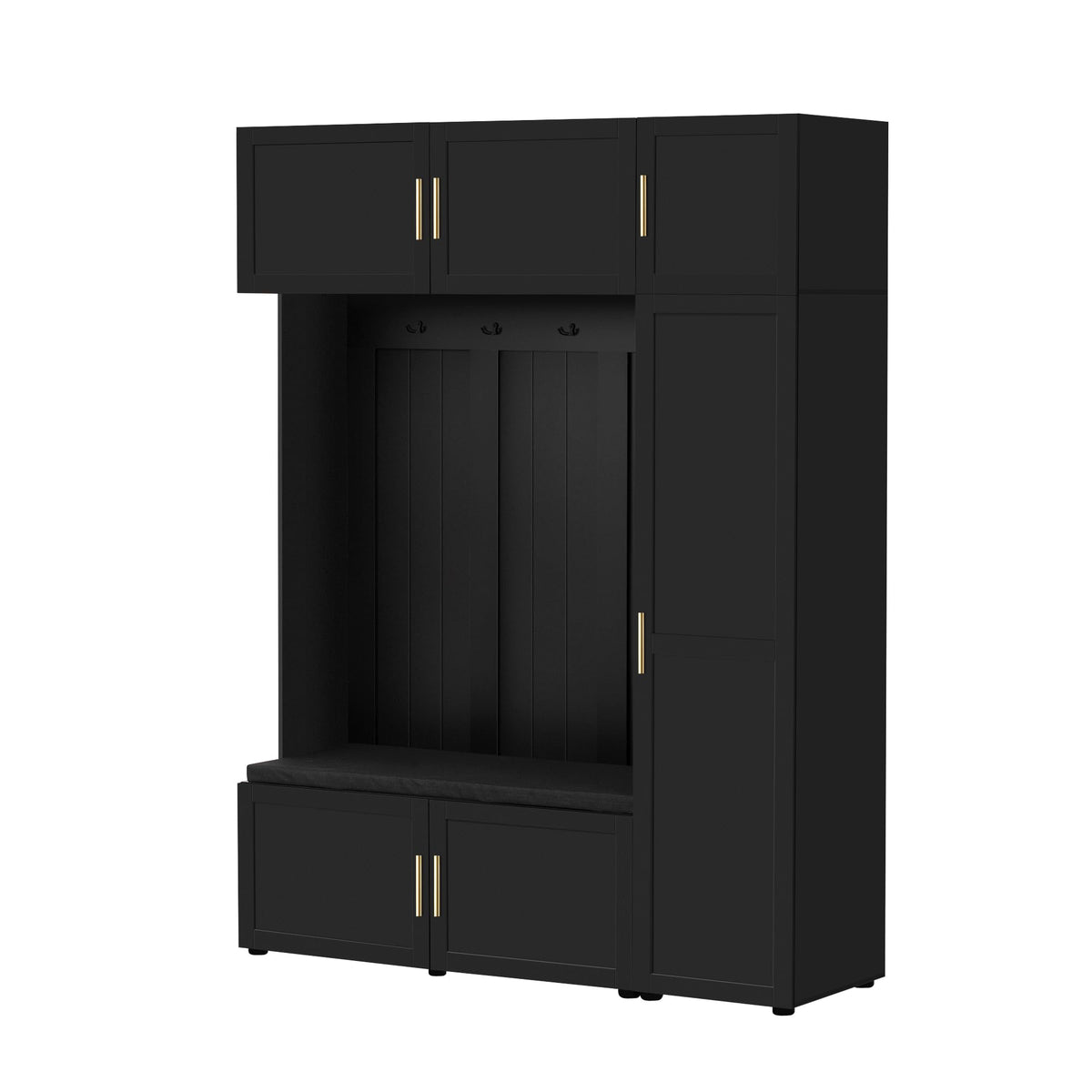 Amposei Modern Hall Tree with Shoe Storage Bench & Coat Rack, 79.72''H Tall Entryway Cabinet Organizer with 6 Doors, 4 Hooks & Padded Seat for Hallway Mudroom Living Room, Black
