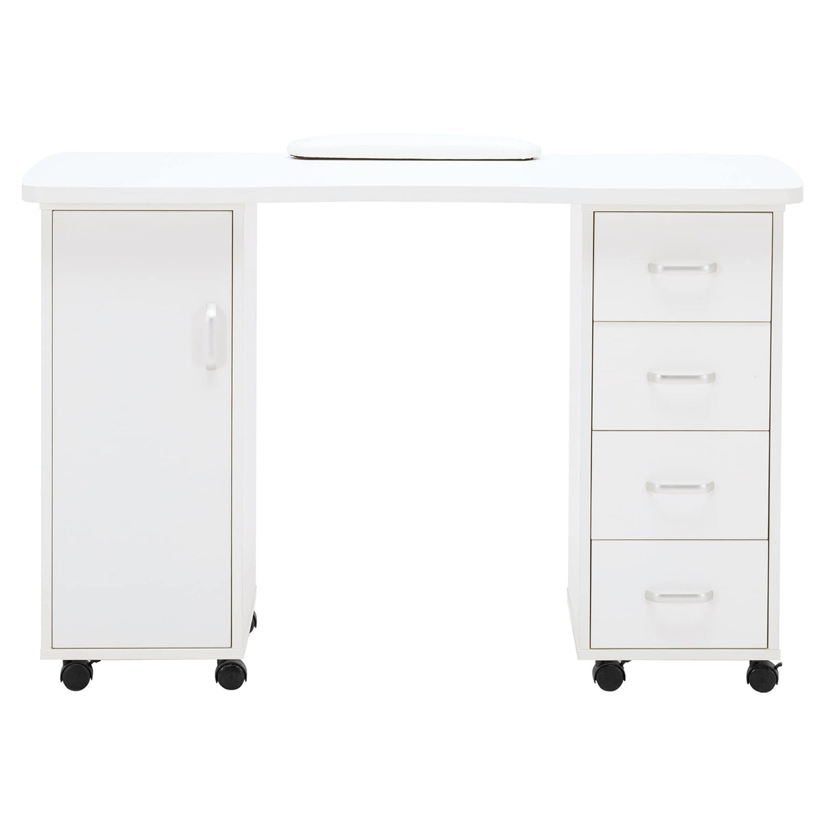 BarberPub Manicure Table - Acetone Resistant Nail Desk with 4 Drawers, 2 Cabinets, Lockable Wheels, Wrist Pad for Nail Tech, Beauty Salon - White