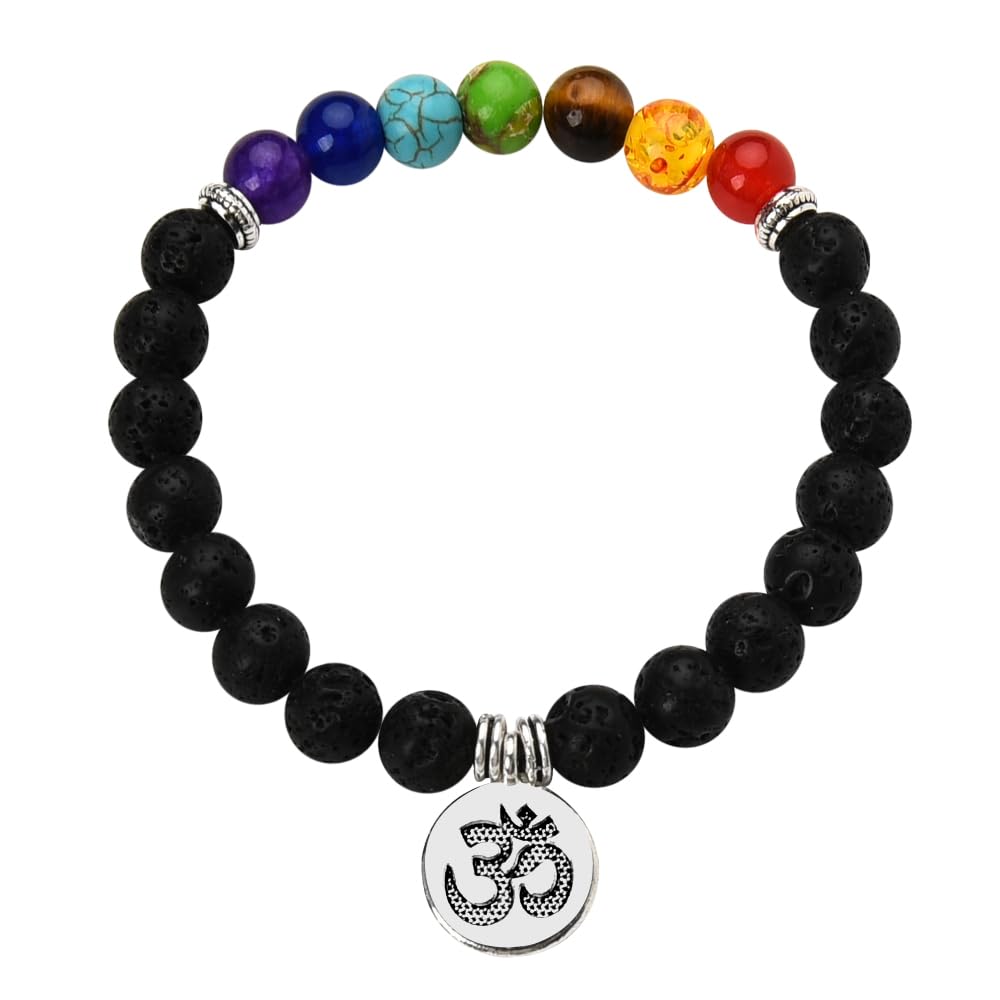 7 Chakra Beaded Bracelet for Women Men Colorful Zen Yoga Accessories Black Lava Rock Bracelets 8mm Chakras Mediation Gifts Healing Crystal Bracelets Elastic Buddhist Om Aum Symbol Pendant Bracelet