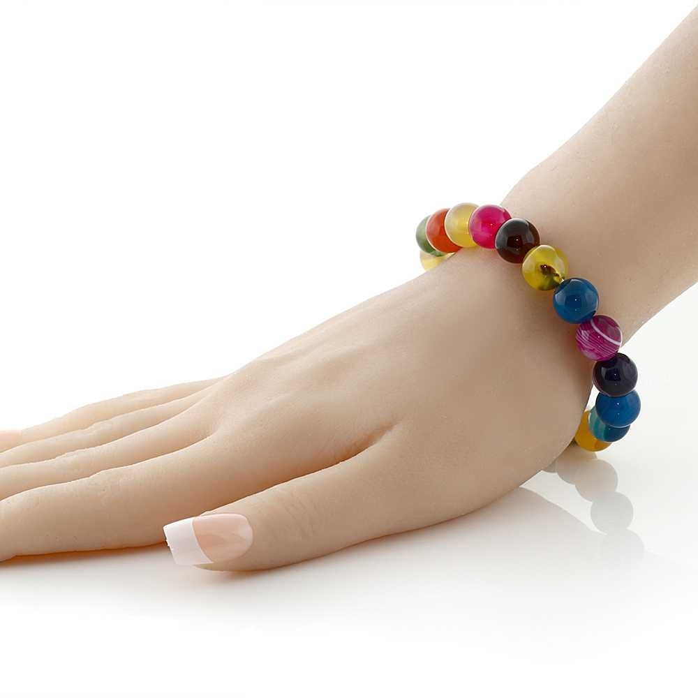Gem Stone King Multi Color Agate Gemstone Beaded Stretch Stretchy Bracelet For Women | 10MM Round Beads | Fits up to 8.5 Inches Wrist