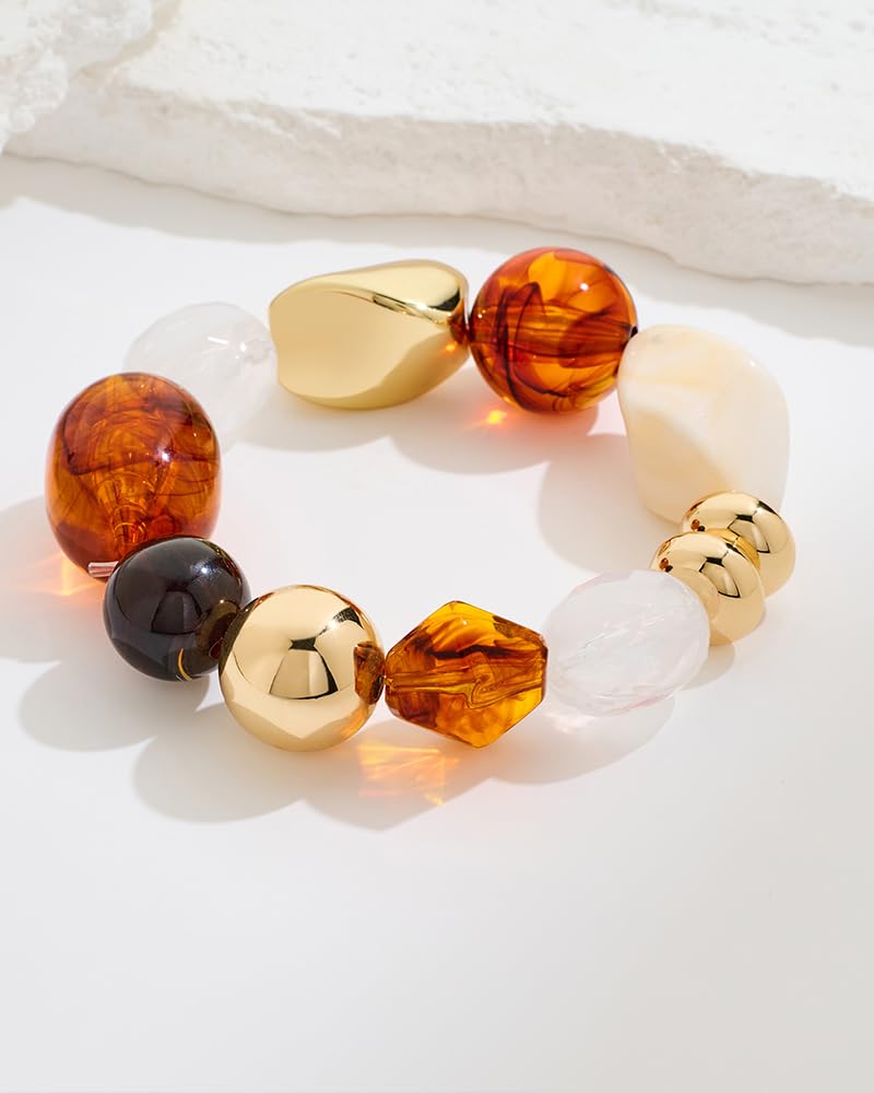 FAUTHENTICUTE Chunky Beaded Bracelets for Women, Retro Mixed Resin Beads Bracelet, Trendy Stretchy Womens Bracelet for Daily Wear Boho Jewelry Gifts