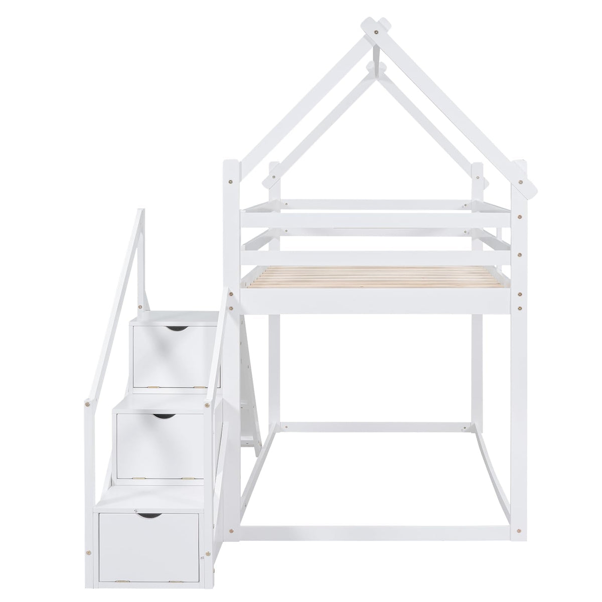 Merax Twin Over Twin Bunk Bed with Full-Length Guardrails for Teens, Boys, Girls, Wooden House Bed Frame & Slide and Storage Stairs for Children's Room, Bedroom, No Box Spring Needed, White