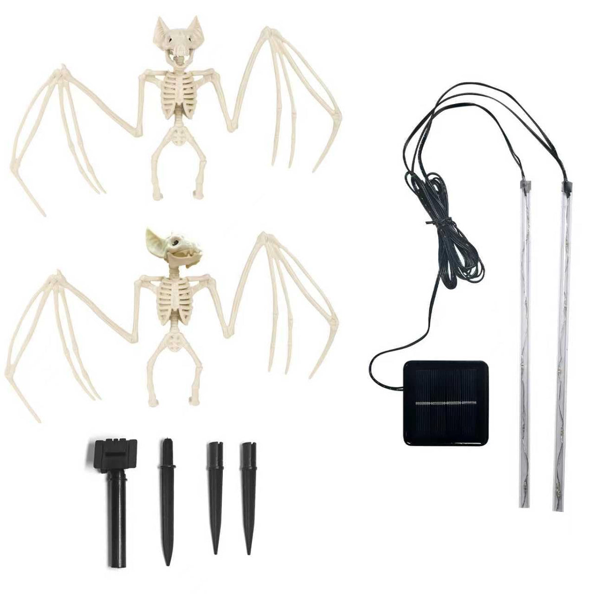 Solar Halloween Decorations Outdoor - 2 Pack 3D Scary Bat & Skeleton Lights, Waterproof LED Solar Garden Lights for Pathway, Lawn, Yard, Patio - Spooky Purple Lighting for Outdoor Holiday Decor