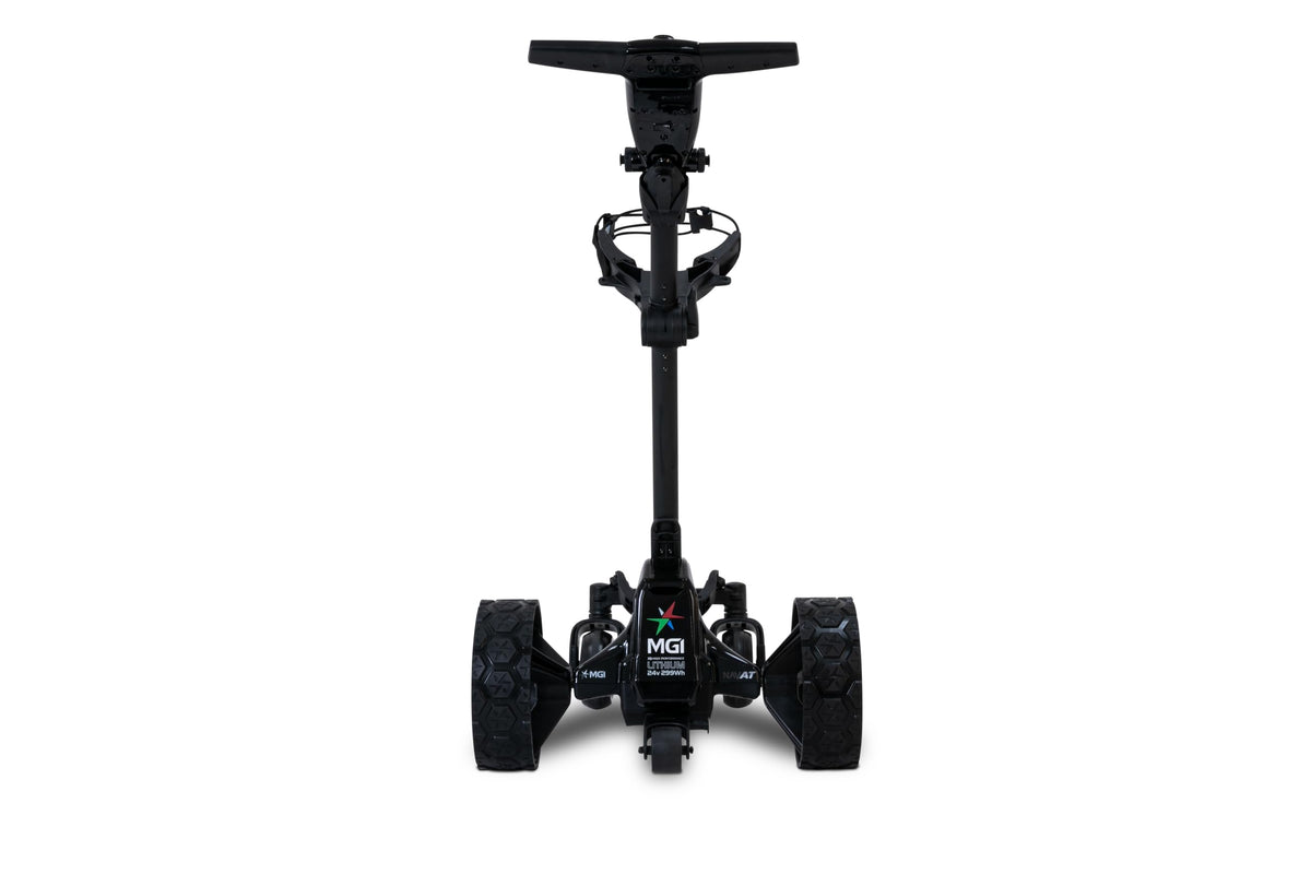 MGI Zip Navigator All Terrain Electric Golf Cart - 36 Hole Battery - Remote Control - Accessories Included (Drink, Umbrella, & GPS-Phone Holer), Gloss Black-Matte Black