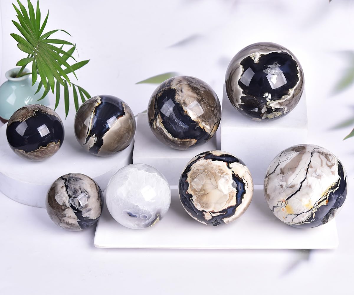 JIC Gem Volcanic Agate Crystal Sphere Large Quartz Crystal Ball with Stand Healing Ornament Witchcraft Meditation Decor 2.3-2.7 inch(60-70mm)