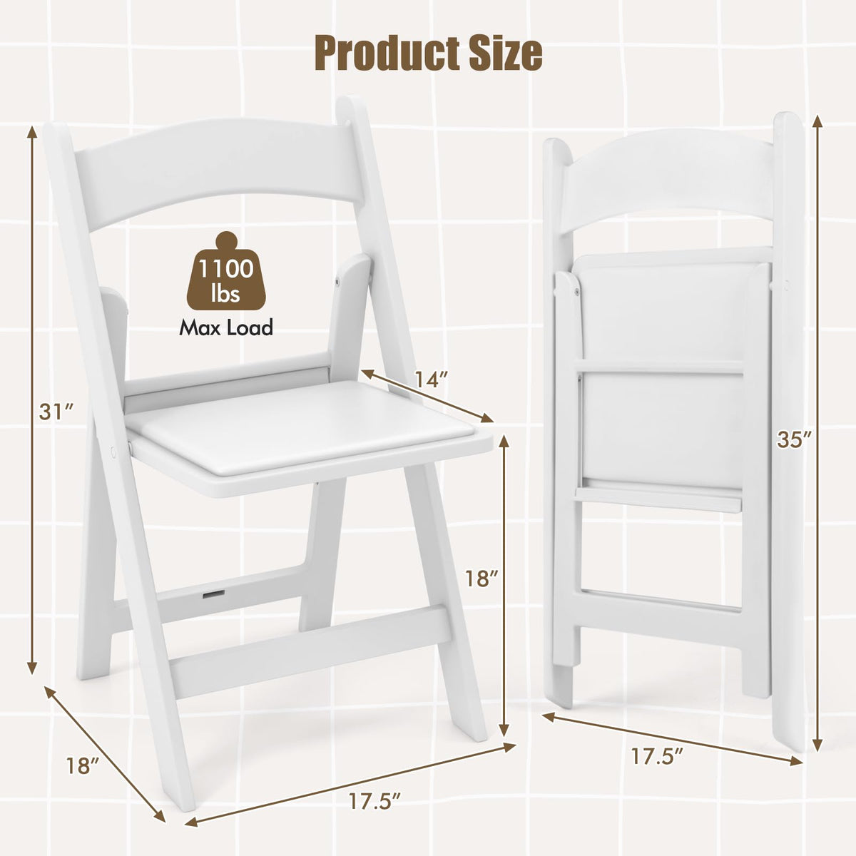 GOFLAME 12 Pack Folding Chairs, Foldable Dining Chair Set with Padded Seat, All-Weather Resin Frame, Indoor Outdoor Portable Commercial Seat for Home, Party, Wedding, 1100 Lbs Load Capacity, White