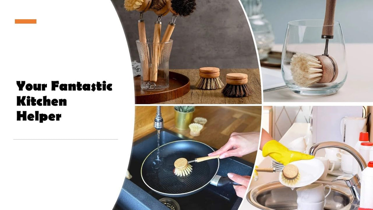 SUPRNN Bamboo Dish Brush with Handle, 1 Sturdy Wooden Handle with 3 Natural Bristle Heads, Horsehair, Sisal, Palm - All Purpose Kitchen Scrubber, Bamboo Wok Brush, Fruit and Veggie Scrubber