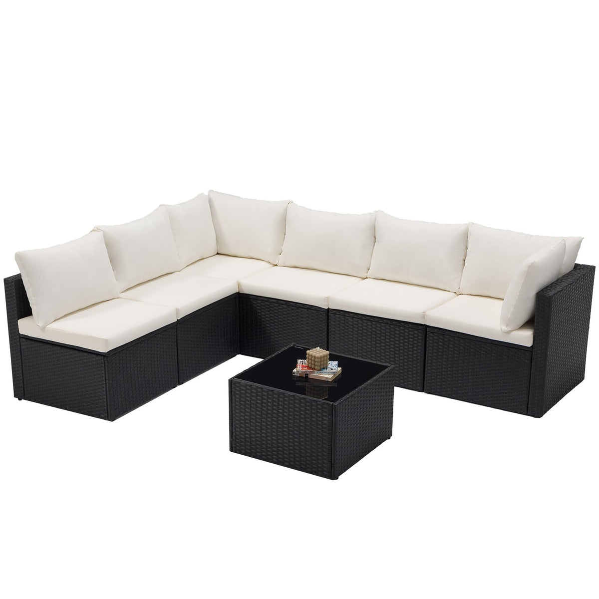 Sweetcrispy 7-Piece Outdoor Patio Sectional Sofa, Modular PE Wicker Outdoor Sectional with Thick Cushions, Rattan Patio Sofa Set with Coffee Table for Backyard, Poolside, Garden, Deck, Black