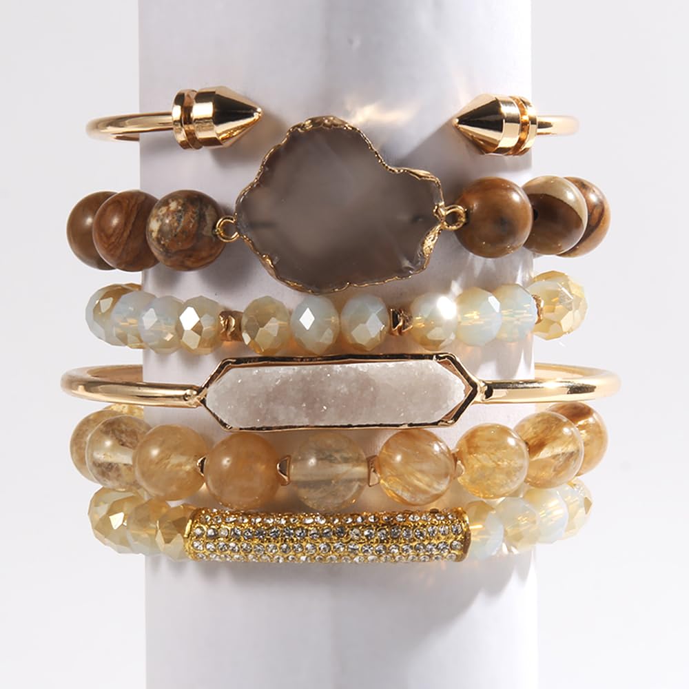 Yomisa 6PCS Natural Boho Beaded Bracelets Bangle for Women,Healing Turquoise Tiger eyes Agate Crystal Gemstone Stone Diamond Chakra Multi Wrap Bohemian Handmade Jewelry Beads Stretch Bracelet Set