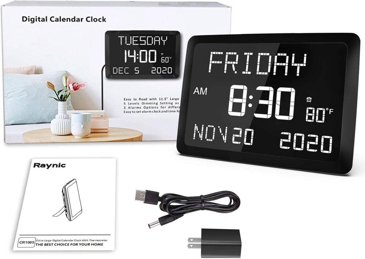 Raynic Digital Clock, 11.5" Large Display Calendar Clock with Day and Date, Indoor Temperature, Adjustable Brightness, Snooze,12/24H, DST for Home, Office, Elderly