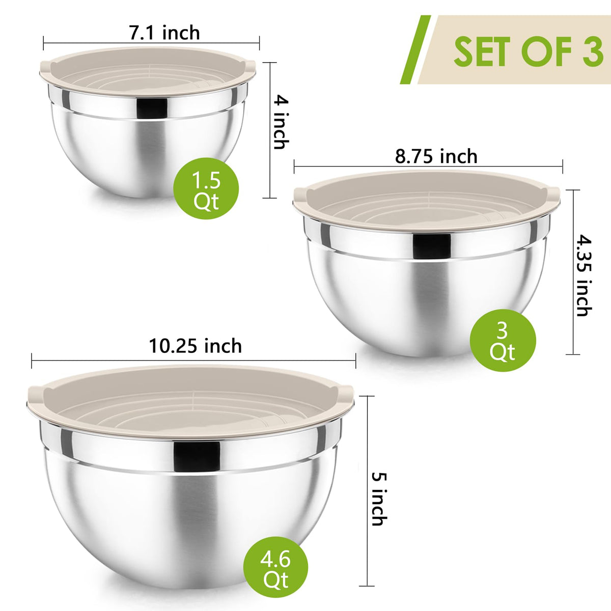 P&P CHEF Khaki Mixing Bowls with Lids, Set of 3, Stainless Steel Salad Nesting Bowl for Mixing, Storing, Prepping, Airtight & Stackable, Size 4.6/3 /1.5 QT