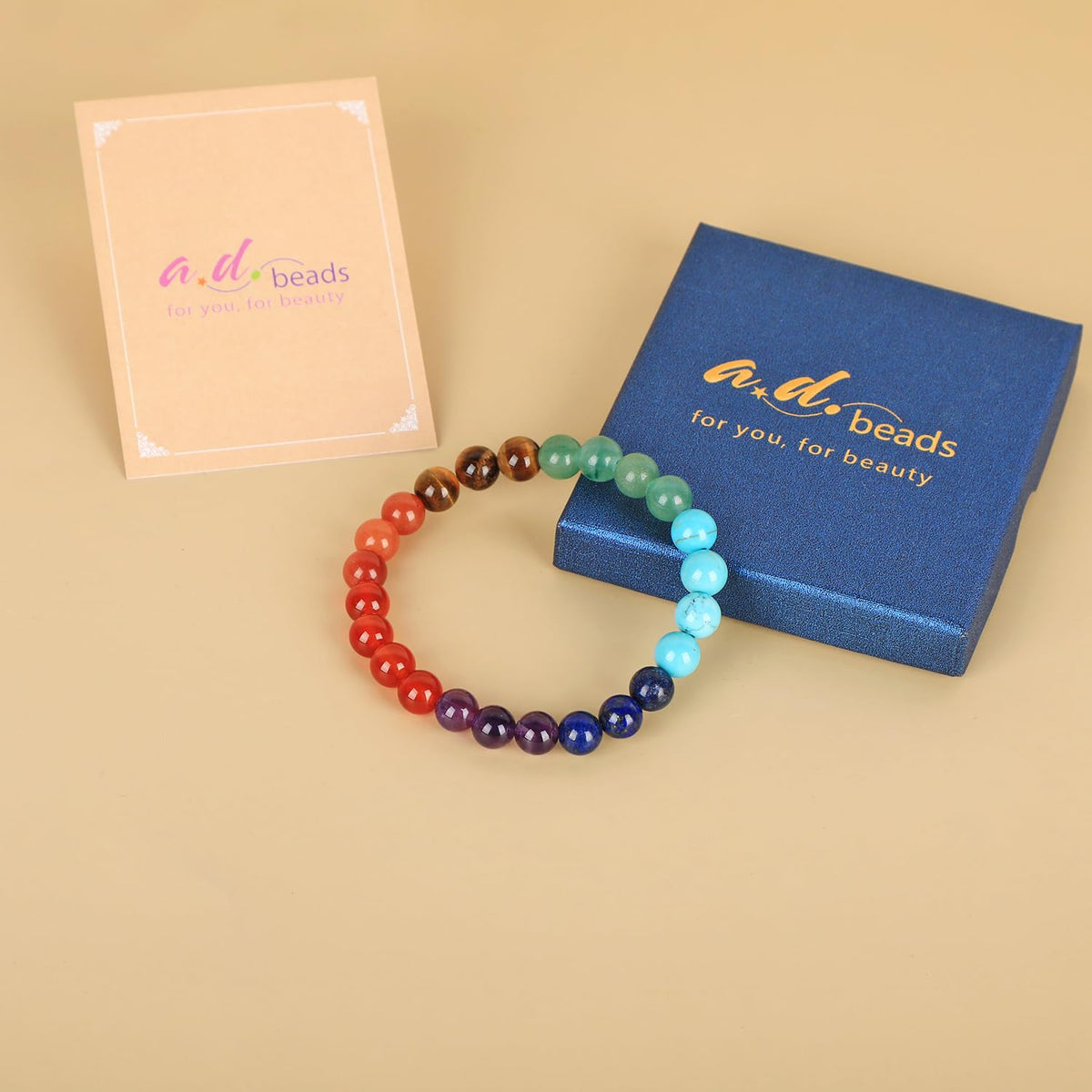 AD Beads Handmade Gemstone Stretch Elastic Bracelet Crystal Healing Reiki Nature's Beauty and Spiritual Essence Unisex (10mm, Seven Chakra Stones (Energy Balancing))