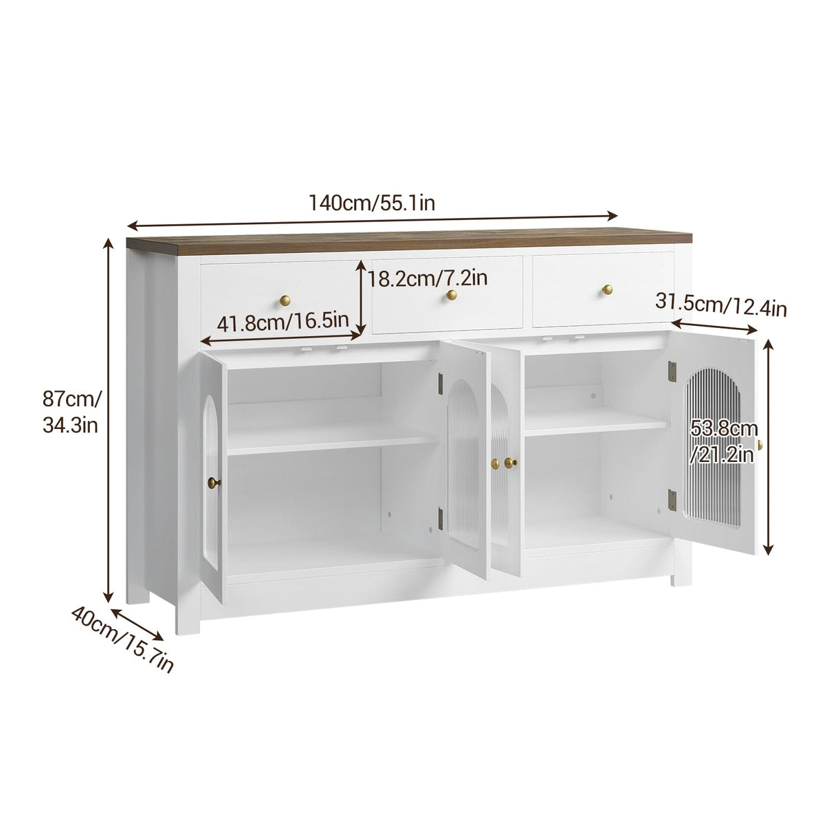 Farmhouse Large Buffet Sideboard Cabinet with 4 Doors & 3 Drawers, Kitchen Cabinet Display Cabinet with Adjustable Shelf, Wine Buffet Cabinet with Storage for Dining Room, Living Room, White