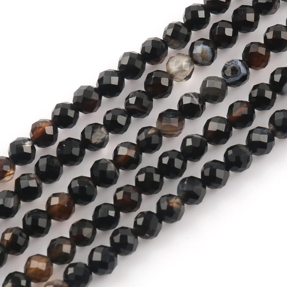 Song Xi 90pcs 4mm Natural Black Striped Agate Gemstone Beads Faceted Round Loose Stone Beads for Jewelry Making (1 Strand)