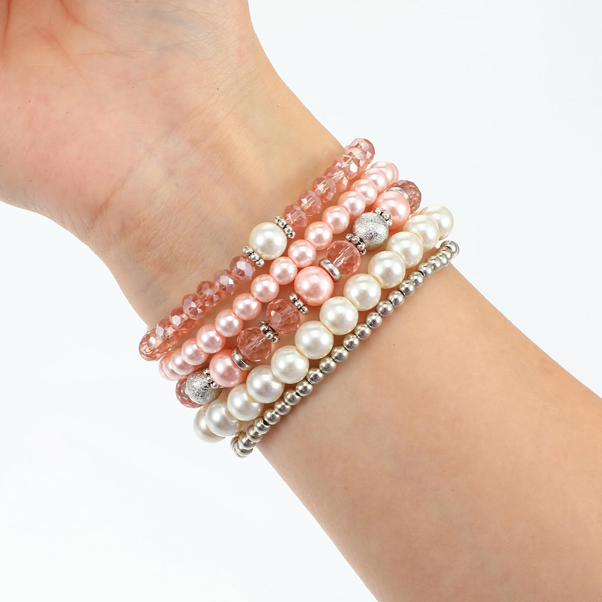 DIVINA VITAE 5 Pcs Beaded Stretch Bracelets Pink Stackable Bracelets Boho Beaded Bracelet Stretch Layering Crystal Stone Bead Bracelet Trendy Costume Jewelry Gifts for Women