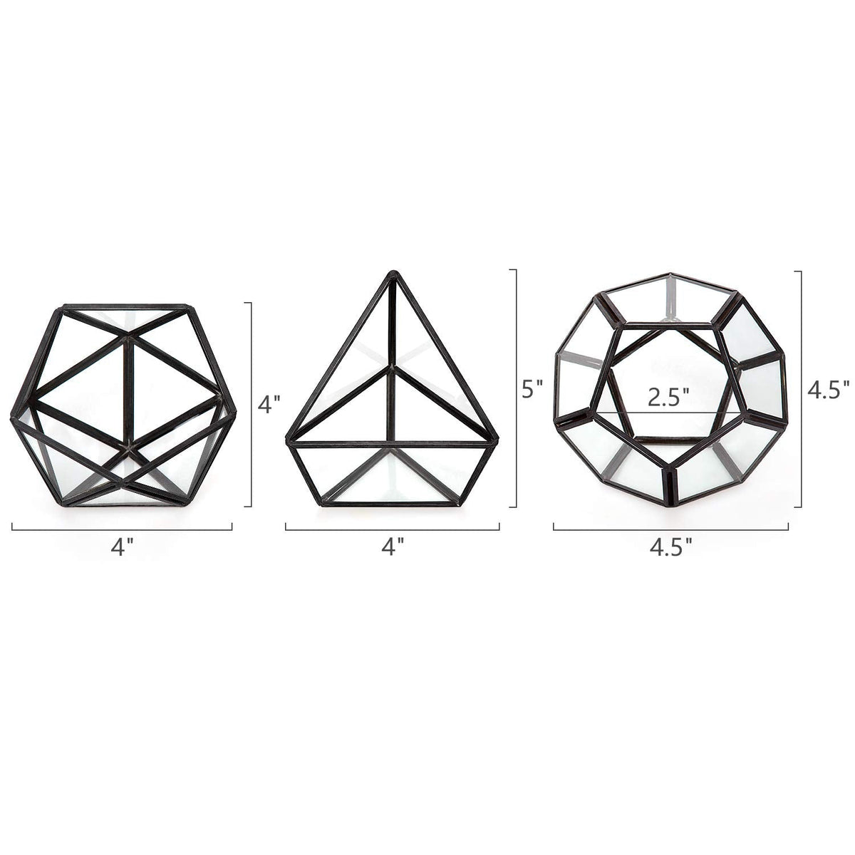 Mkono 4 Inches Mini Glass Geometric Terrarium Container Set of 3 Modern Tabletop Planter Shelves Decor Display Centerpiece for Succulent Miniature Fairy Garden Air Plant, Black(Plant Not Included)