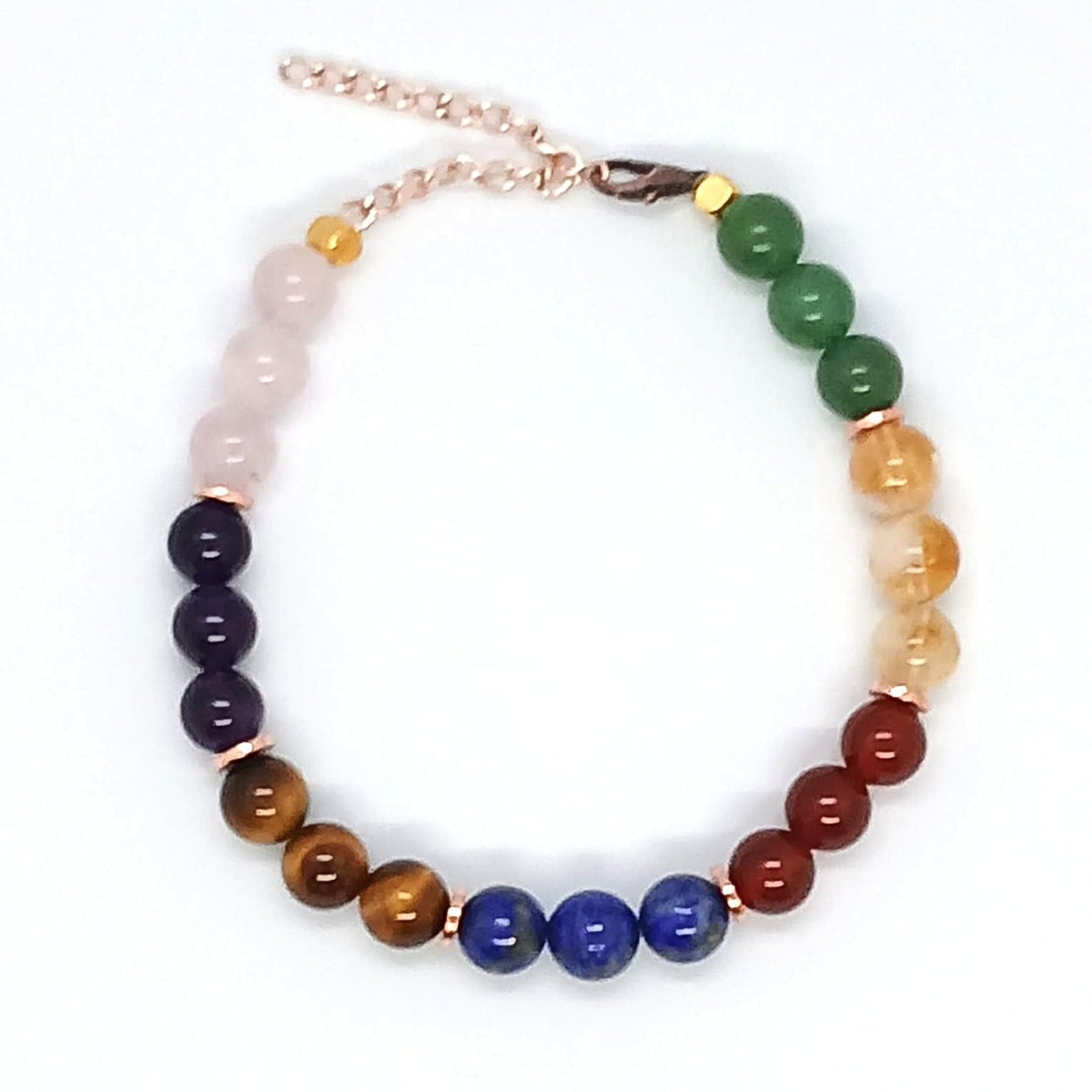 7 Chakra Bracelet (Tiger's Eye, Citrine, Aventurin, Amethyst, Lapis Lazuri, Quartz, Red Jasper, Ring Hematit) Adjustable Chain & Elastic Cord Beaded Bracelet (Durable and Comfortable)