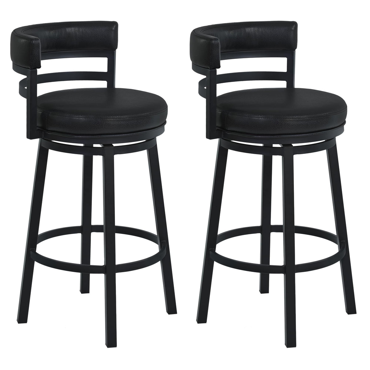 Armen Living Madrid 26" Seat Height Swivel Modern Ford Black Faux Leather and Black Finish Bar Stool for Kitchen Island Counter, Set of 2