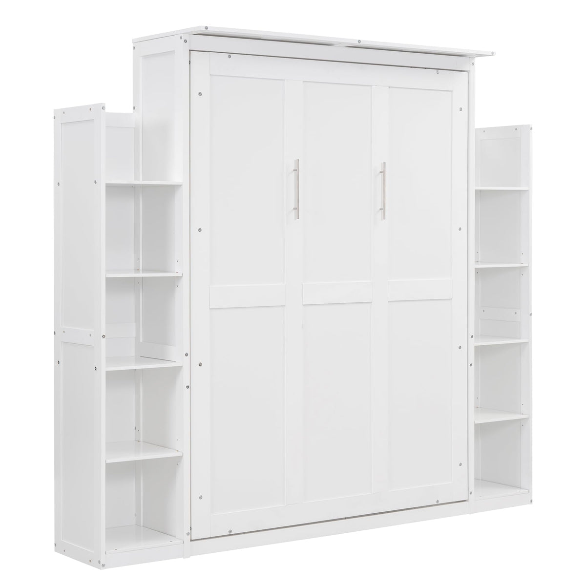Ball & Cast Full Size Murphy Bed Wall Bed with Shelves and LED Lights,can be Folded,Hideaway Cabinet Frame W/ 2 Five-Layer Cabinets,Slat Support,No Box Spring Needed,for Apartment,Bedroom,White