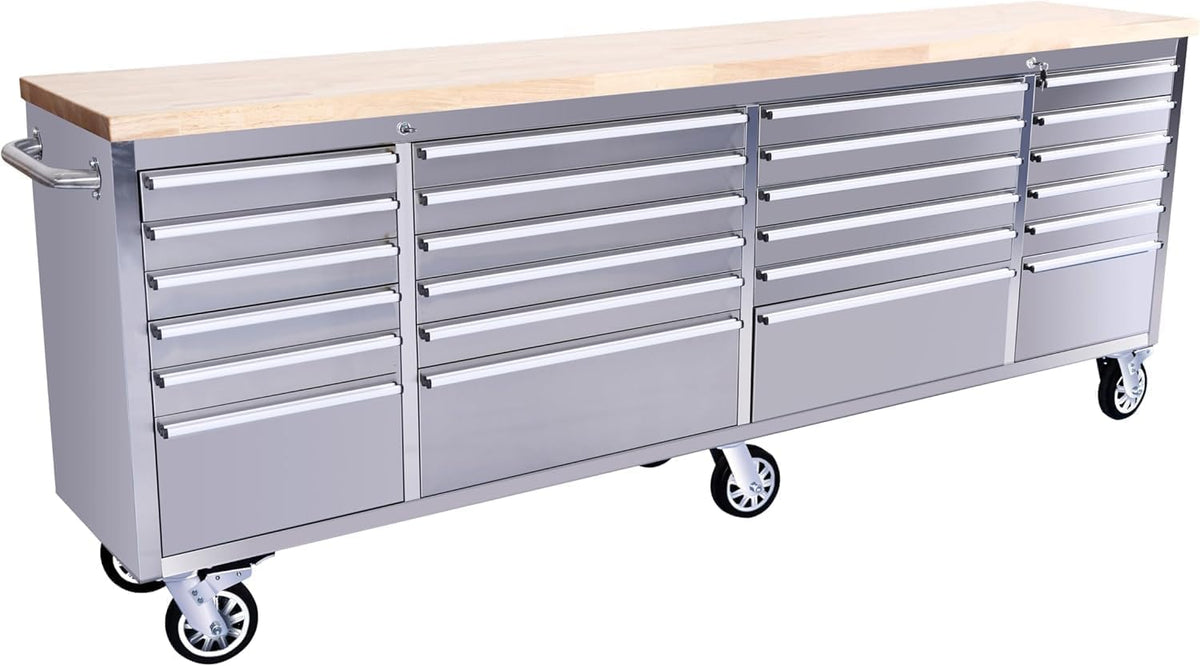 PeakPursuit 96" Rolling Tool Chest with 24 Drawers, Solid Rubber Wood Workbench Top, Locking Wheels & Key Lock, Mobile Garage Storage Cabinet for Workshop Organization, Silver