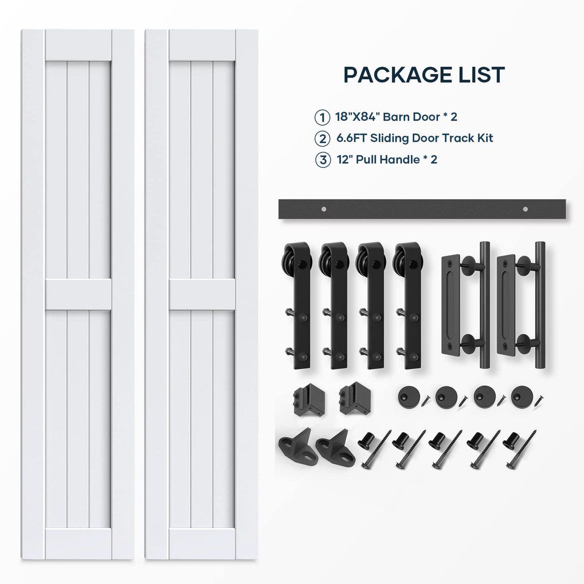 EaseLife 36 x 84 inch (Double 18x84 Door) White Barn Door with 6.6FT Sliding Door Hardware Kit Included & Handle,Solid Wood,Waterproof,DIY Assemblely,Easy Install,H-Frame,Fit 32-34in Wide Opening