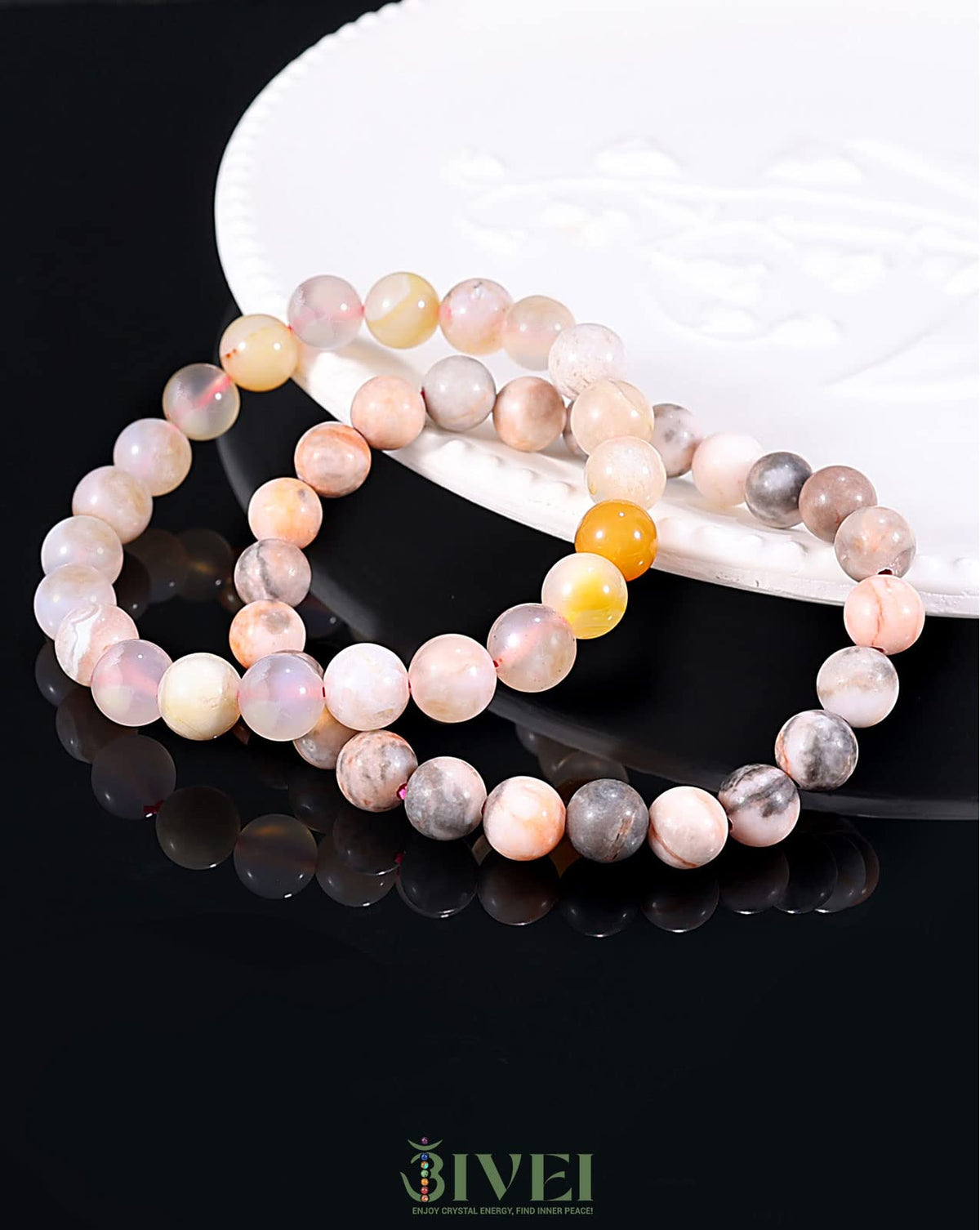 Bivei Natural Gemstone Semi Precious Crystals Handmade Stretchy Round Beads Bracelet, Enhance Positive Energy,Stocking Stuffers for Women(Pink Jasper & Sakura Agate (Positive Energy& Love) Large)