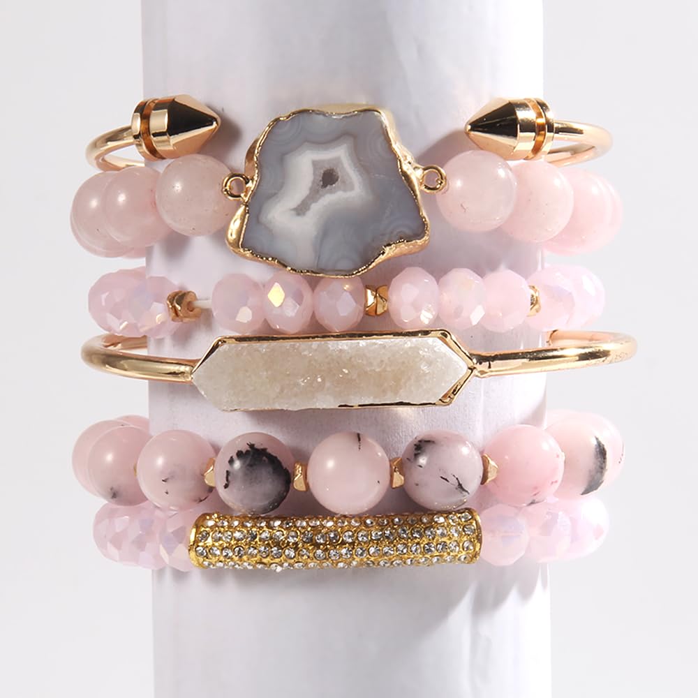 Yomisa 6PCS Natural Boho Beaded Bracelets Bangle for Women,Healing Turquoise Tiger eyes Agate Crystal Gemstone Stone Diamond Chakra Multi Wrap Bohemian Handmade Jewelry Beads Stretch Bracelet Set