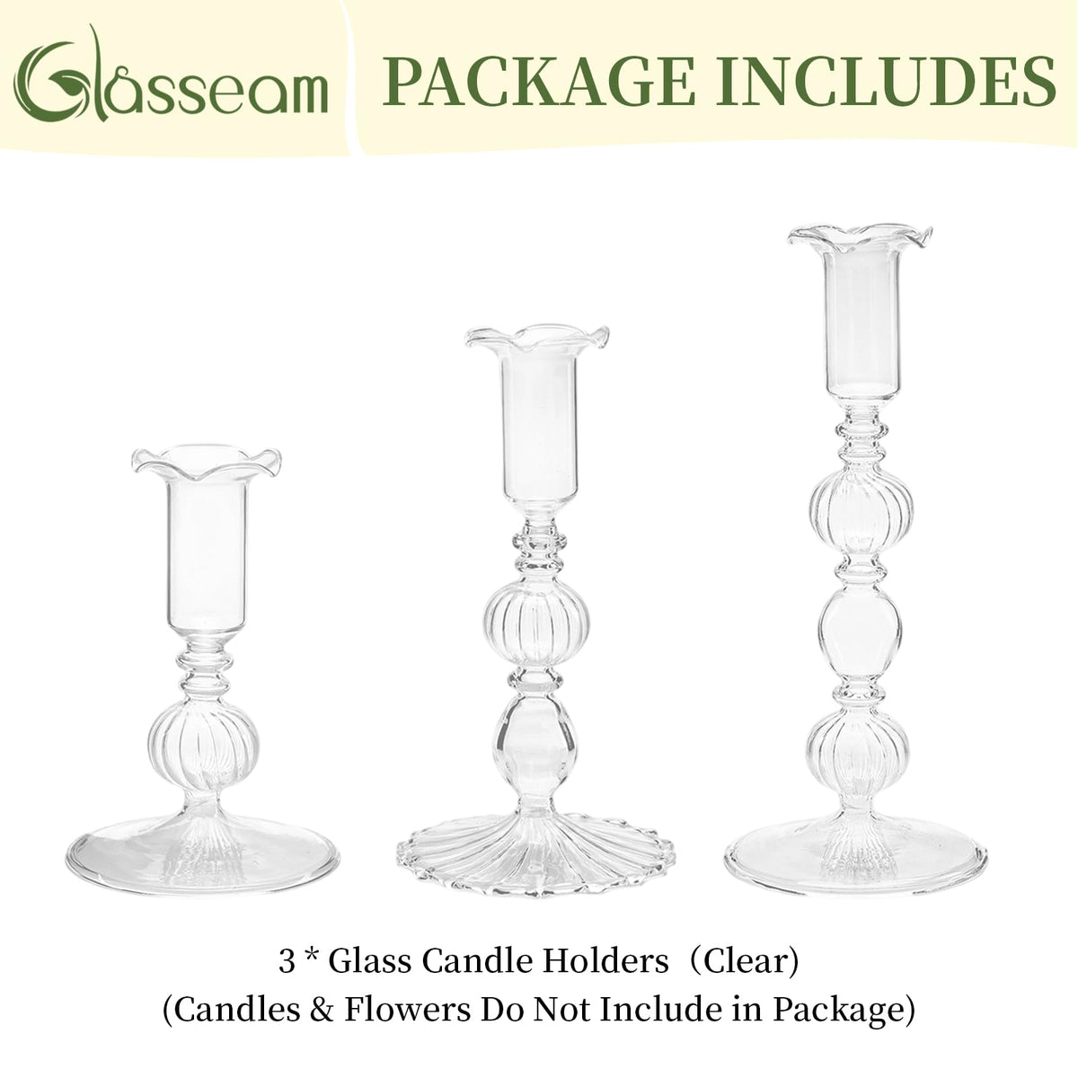 Glasseam Glass Tapered Candlestick Holders: Set of 3 Clear Candle Sticks Holder Decor with Bobeche Modern Ribbed Taper Candle Holders for Table Centerpiece Christmas Wedding Home Decorations