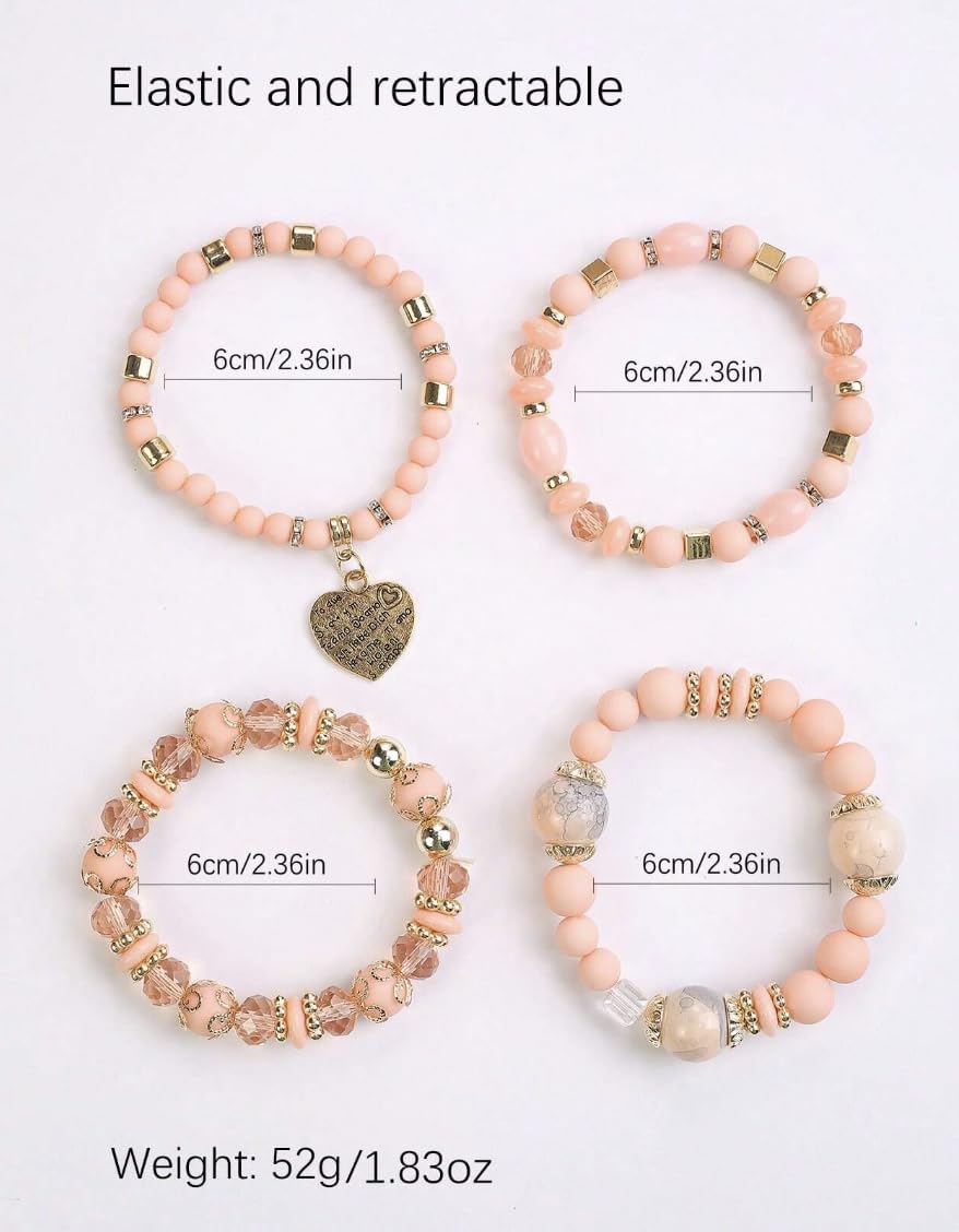 Women Beaded Bracelets, Multi-layer Peach Color Beaded Bracelet with gold charm Heart Bangles Set Gemstone Woven Female Jewelry Bracelet, Ideal for Festivals, Summer Parties, Beachwear, and Casual Outfits