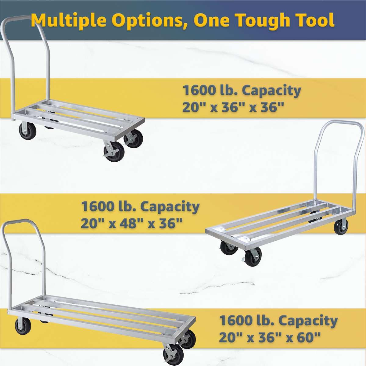 20" x 36" Mobile Aluminum NSF Dunnage Rack - 1600 lb. Capacity with Handle, Heavy-Duty Storage Cart with 6" Casters, Food-Grade Platform Truck for Restaurants, Kitchens, Warehouses