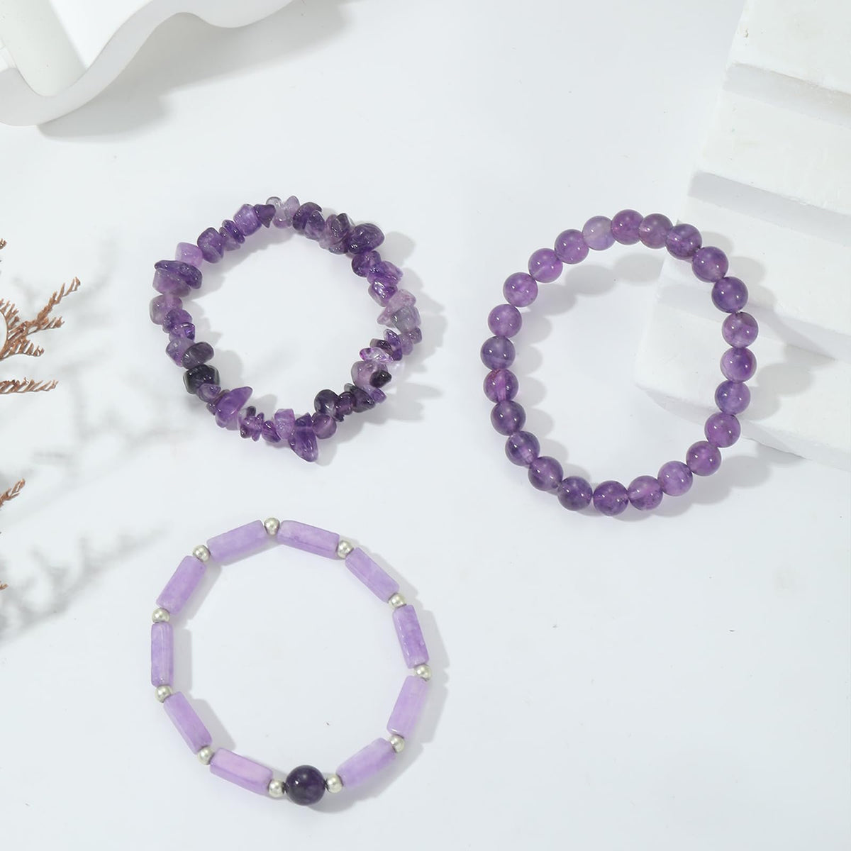 3PCs Amethyst Bracelet for Women 8mm Crystal Beaded Bracelet Purple Bead Bracelet Stretch Bracelet Amethyst Jewelry Gifts for Women