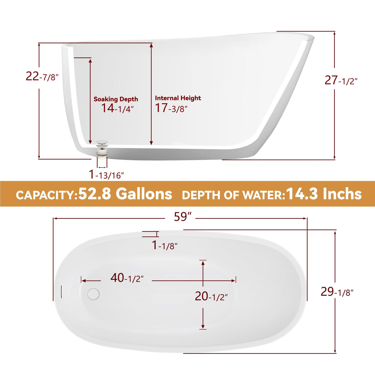 59" Free Standing Tub, Pure Acrylic Freestanding Bathtub, Stylish Stand Alone Contemporary Deep Soaking Bath Tub, cUPC Certified SY9950 (Glossy White)