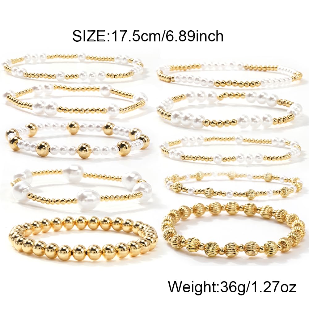 Dainty 14K Gold Pearl Beaded Bracelet Stack for Women,Handmade Bohemian Pearl Non Tarnish Stackable Bracelets Fashion Holiday Party Accessories Jewelry Gift Friendship