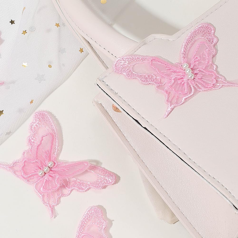 CABODYALS 1 Box 30PCS Light Pink Butterfly Lace Applique Butterflies Repair Patches Sew Embroidery Organza Faux Pearl Beaded Polyester Appliques for Sewing Making Clothes Wedding DIY Craft Supply