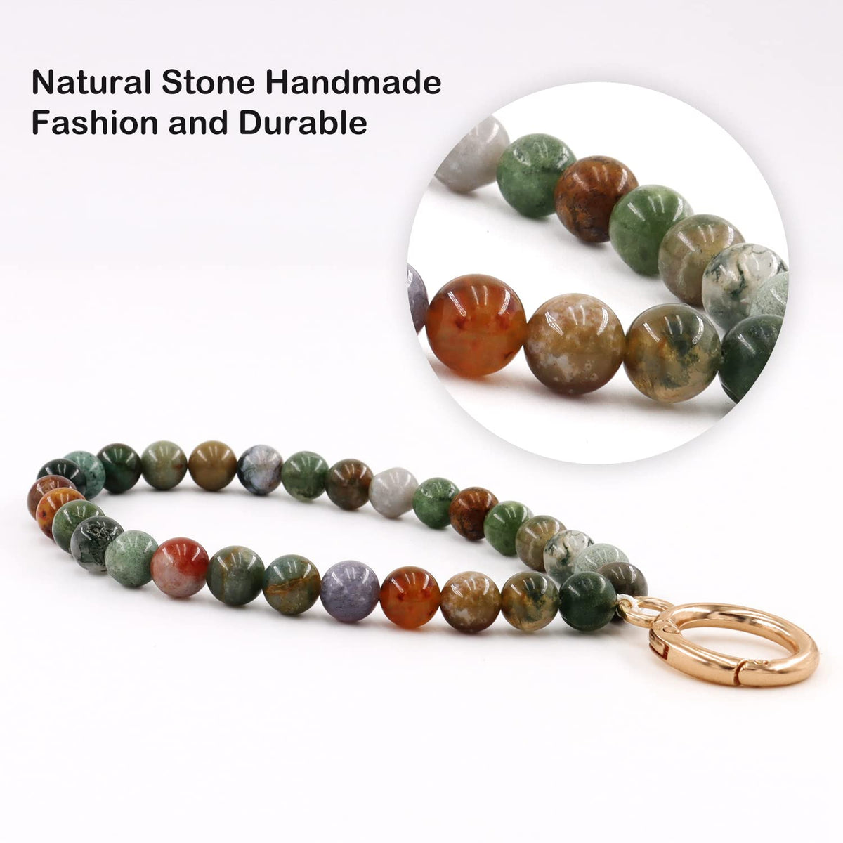 HONZUEN Beaded Wrist Key Lanyard, Natural Stone Wristlet Keychain Lanyard for Women, Key Wrist Strap Lanyard for Keys Wallet Car Keychain Card Holder, Indian Agate