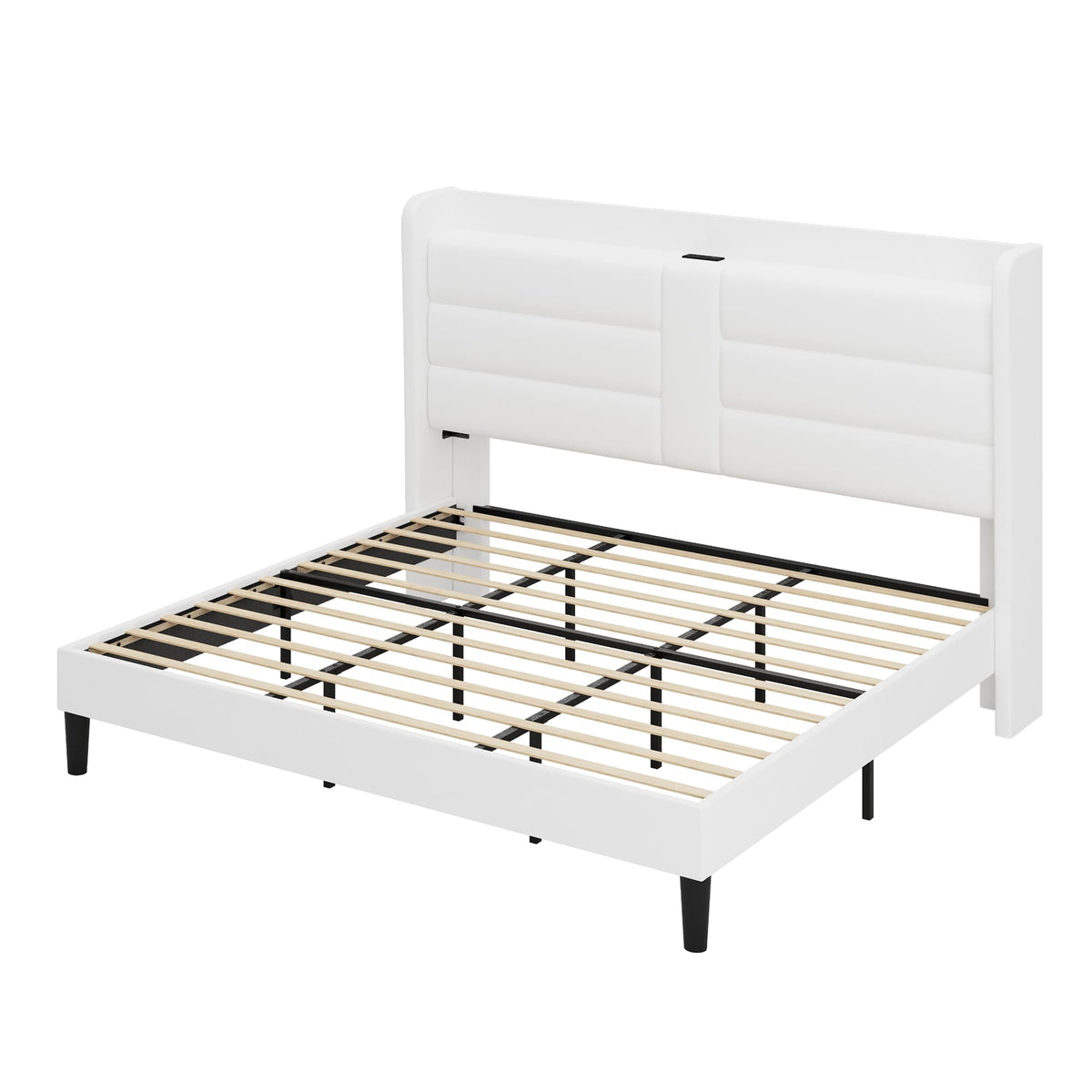 Allewie King Size Platform Bed Frame with Charging Station & Storage Headboard, Upholstered Velvet Wingback Design & USB Port, Strong Wooden Slats Support, No Box Spring Needed, Easy Assembly, White