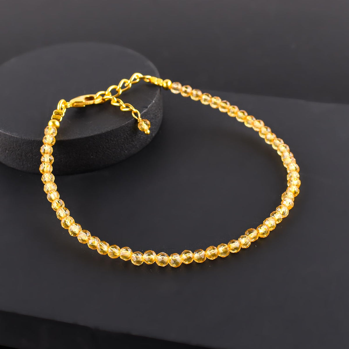 Natural Yellow Citrine Gemstone Micro Beads Dainty Bracelet Jewelry for Women, November Birthstone, Chakra Energy Crystals, 14k Gold Plated Chain 8 inch Adjustable