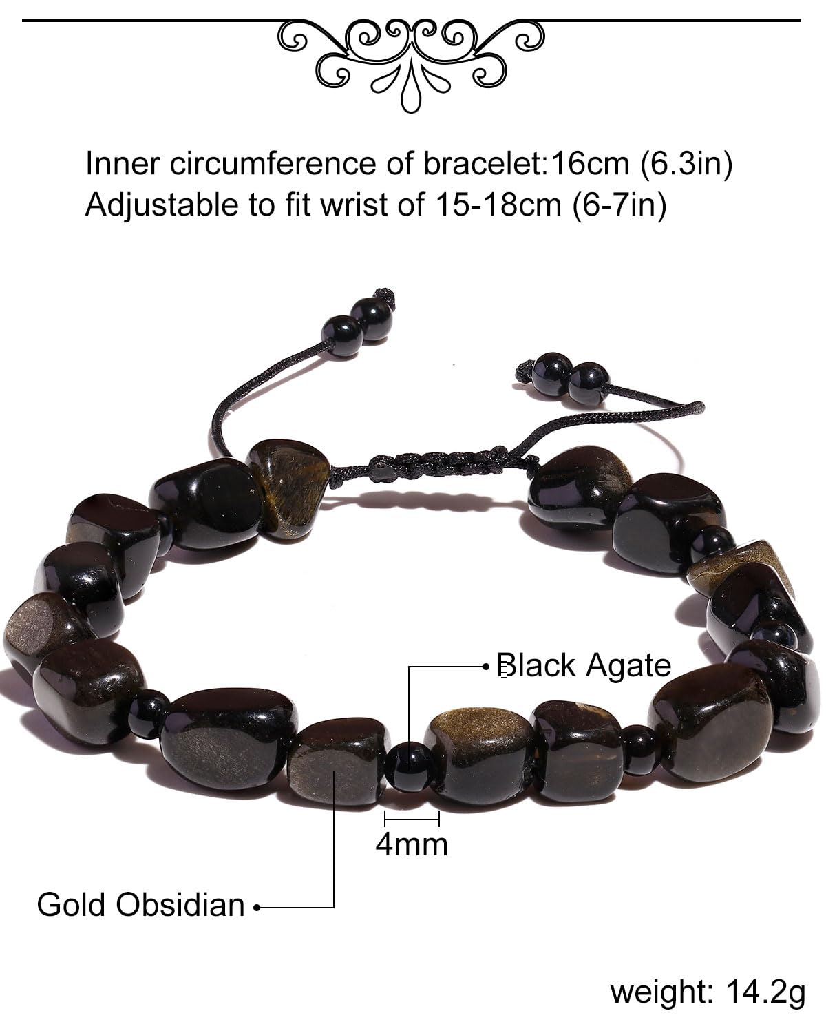 Xfoxstal Adjustable Handmade Irregular Reiki Semi Precious Stones Bracelets for Women Tumbled Crystals Beaded Bracelets 6-7 Inches Unisex (Gold Obsidian)