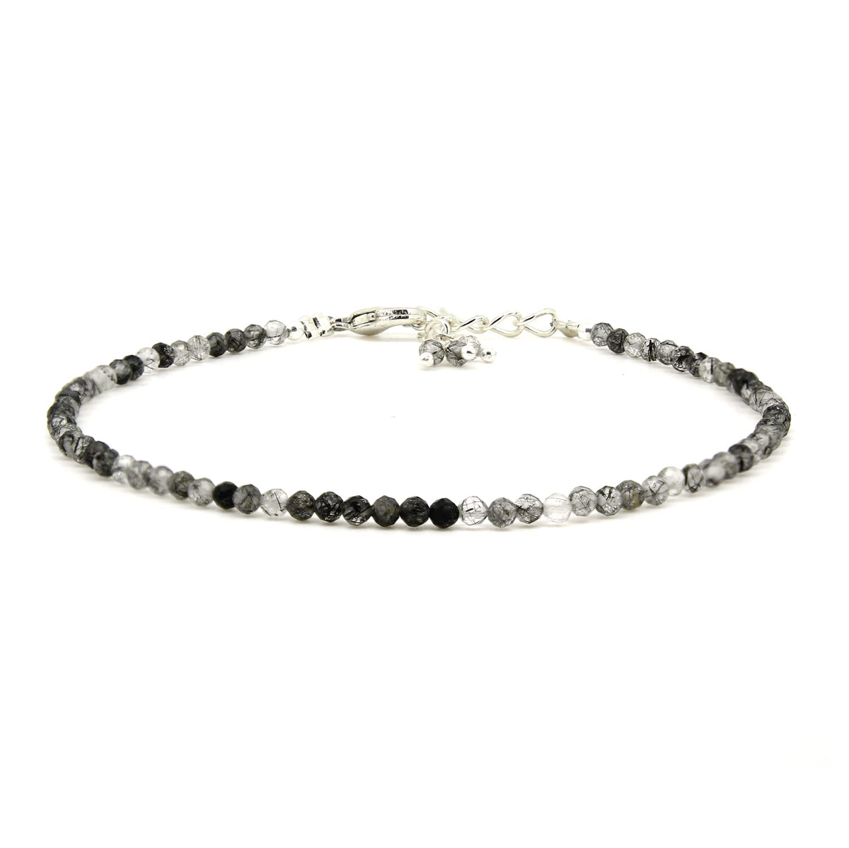 Gempires Handmade Black Rutilated Quartz Gemstone Beaded Bracelet for Women | 2.4–2.5 mm Faceted Natural Stone | Adjustable 7+1 Inch Silver Plated Chain | Dainty Minimalist Stacking Jewelry | Unique Crystal Gift