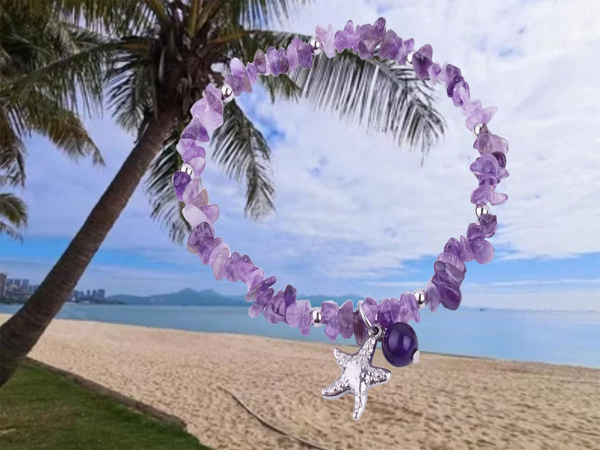 AZFEIYA Healing Stone Amethyst Anklets Bracelets Handmade Boho Anklet Bracelet Summer Jewelry Starfish Anklets Chakra Beach Foot Jewelry Gift for Her (Amethyst)