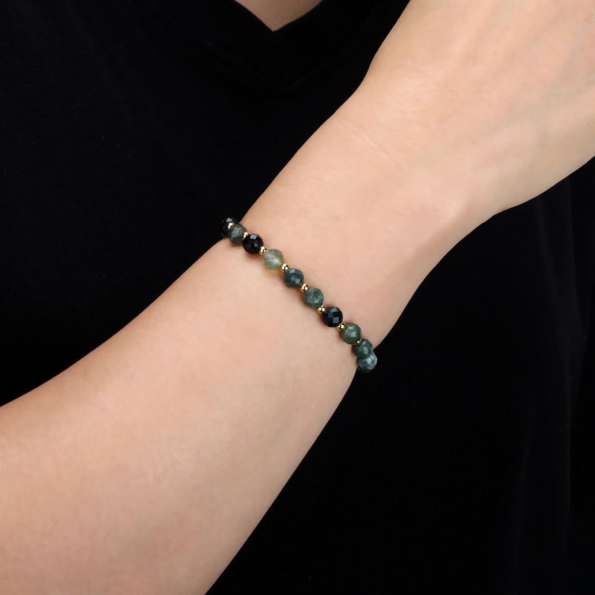 QOGIR Moss Agate - Stone of Optimistic - 14K Gold Plated Beads Natural Gemstone Stretch Elastic Dainty Healing Beaded Bracelets Gifts 6mm