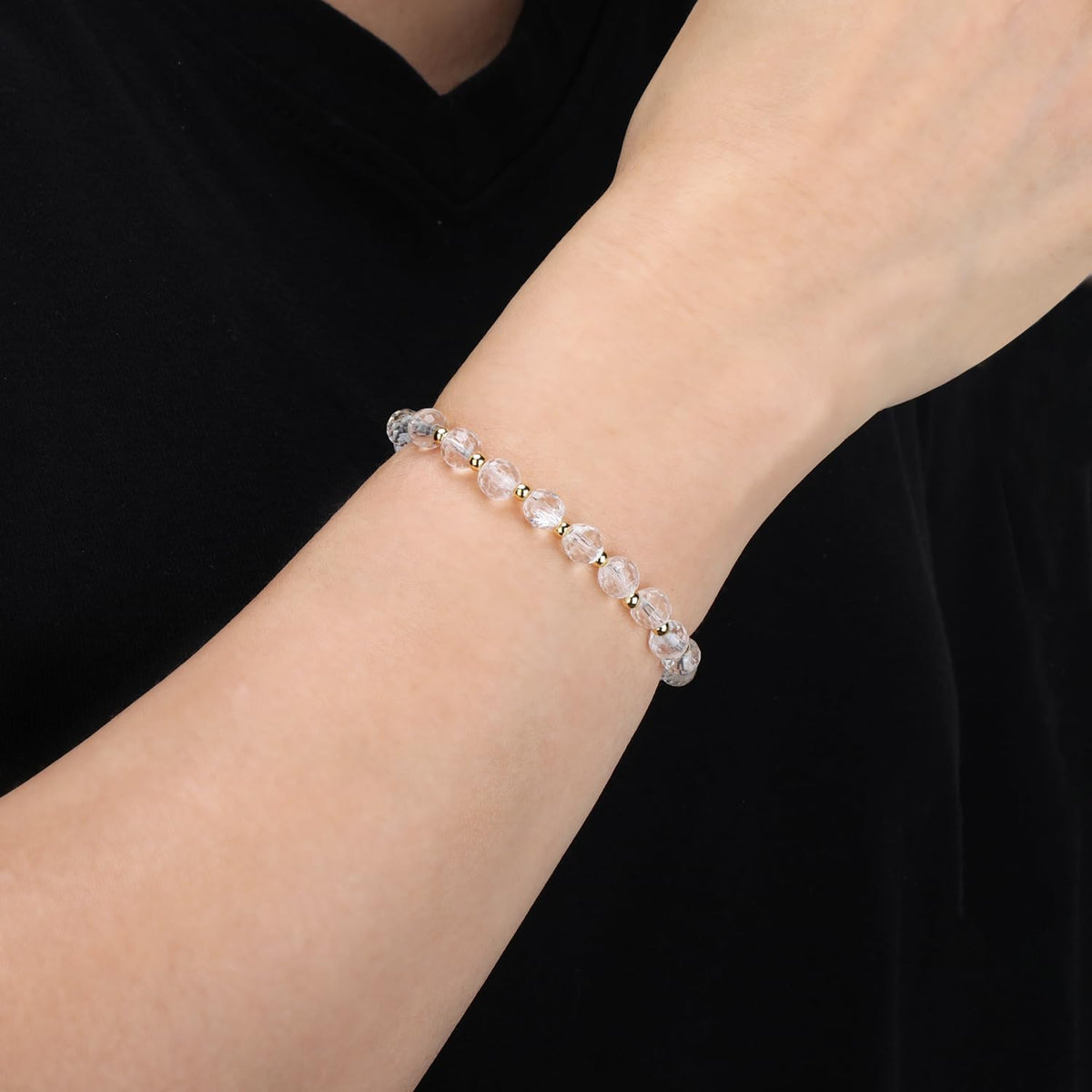 QOGIR Clear Quartz - Amplification - 14K Gold Plated Beads Natural Gemstone Stretch Elastic Dainty Healing Beaded Bracelets Gifts 6mm