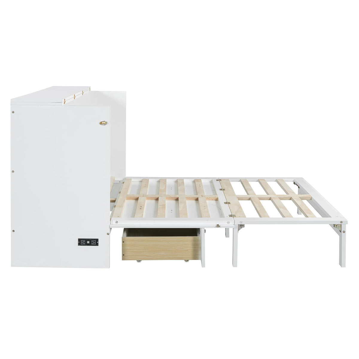 Merax Queen Size Murphy Bed Cabinet with Charging Station and Large Storage Drawer, Foldable Pull Out Murphy Chest Bed for Apartments, Bedrooms, Studio, No Spring Box Needed, White