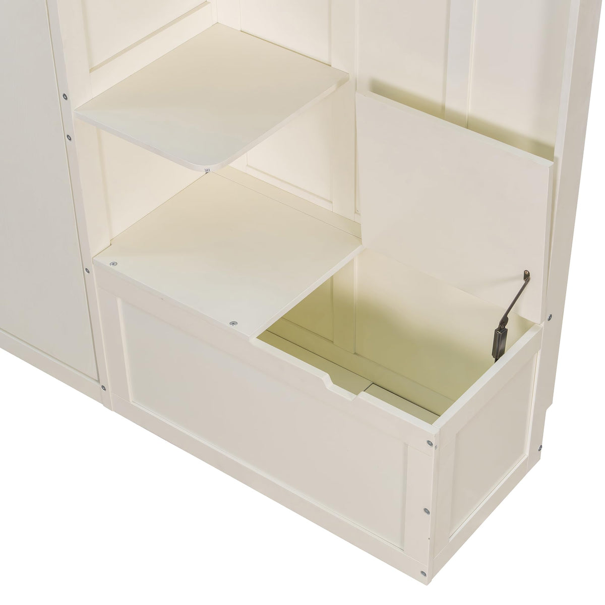 Merax Queen Size Murphy Bed with Storage and Lights, Hidden Fold-Out Legs, Foldable Murphy Cabinet Bed with Hook, Built-in Shelves & Cabinets, Wood Space-Saving Wall Bed for Guest Room Office, White