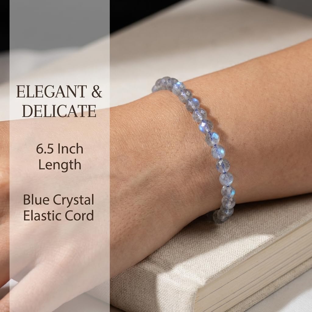 Angelstones Natural Labradorite Gemstone Stretch Bracelet, 4mm Faceted Round Beads, Crystal Healing for Women