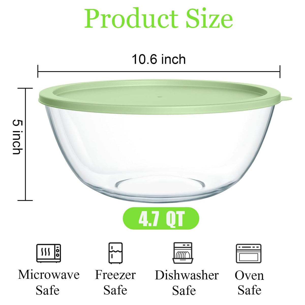 Yuixoseu 4.7 Qt Extra Large Glass Mixing Bowls, Clear Glass Bowl with Lid, Big Salad Bowl for Salad Fruit Bread Storage